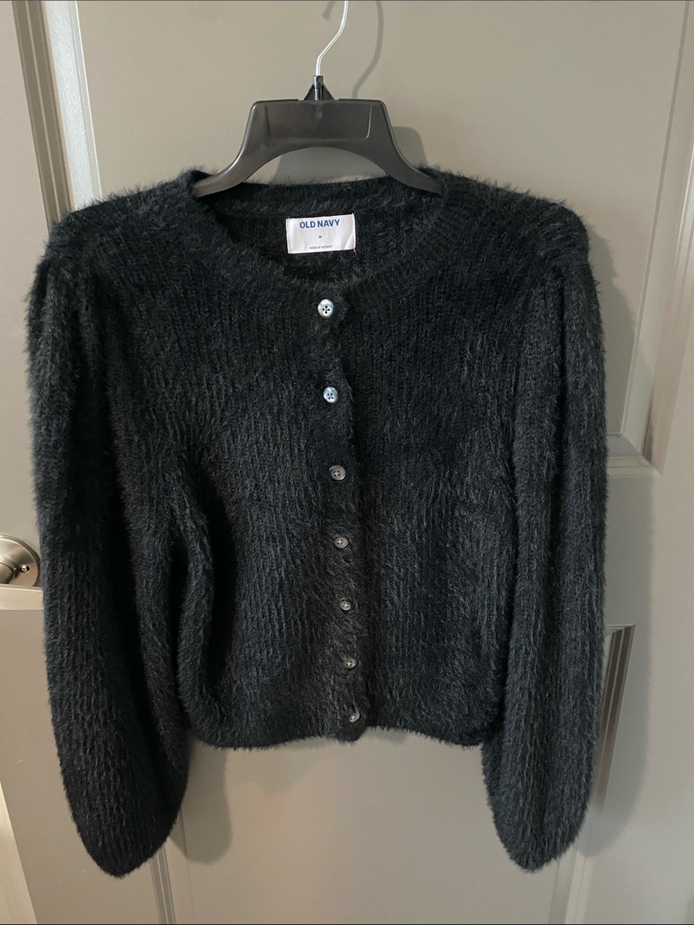 Old Navy Black Fuzzy V‑Neck Button Front Cardigan